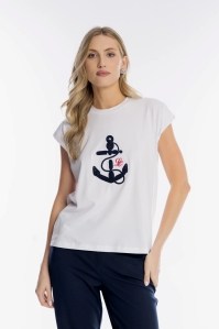 Biały damski t-shirt z haftowaną kotwicą